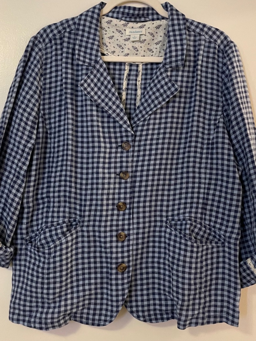 Sundance Ziri Linen Blue Gingham Check Button Front Blazer Jacket - L - Picture 1 of 13